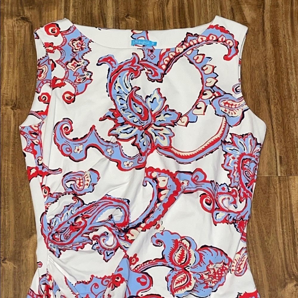 J. McLaughlin women’s XS 2 dress mini white red blue Paisley tank ruching - Picture 2 of 8